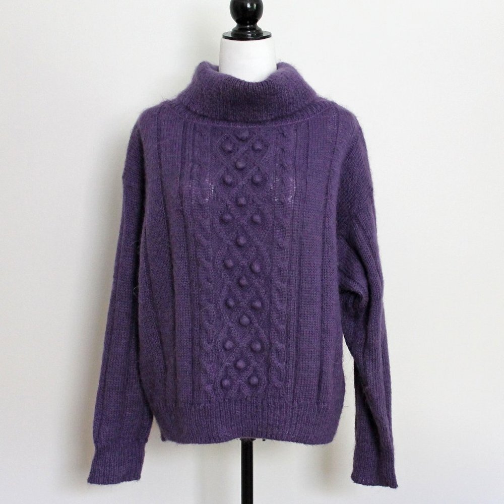 Purple Mohair Bobble Knit Sweater, Fuzzy Vintage Turtleneck for Women, Size L